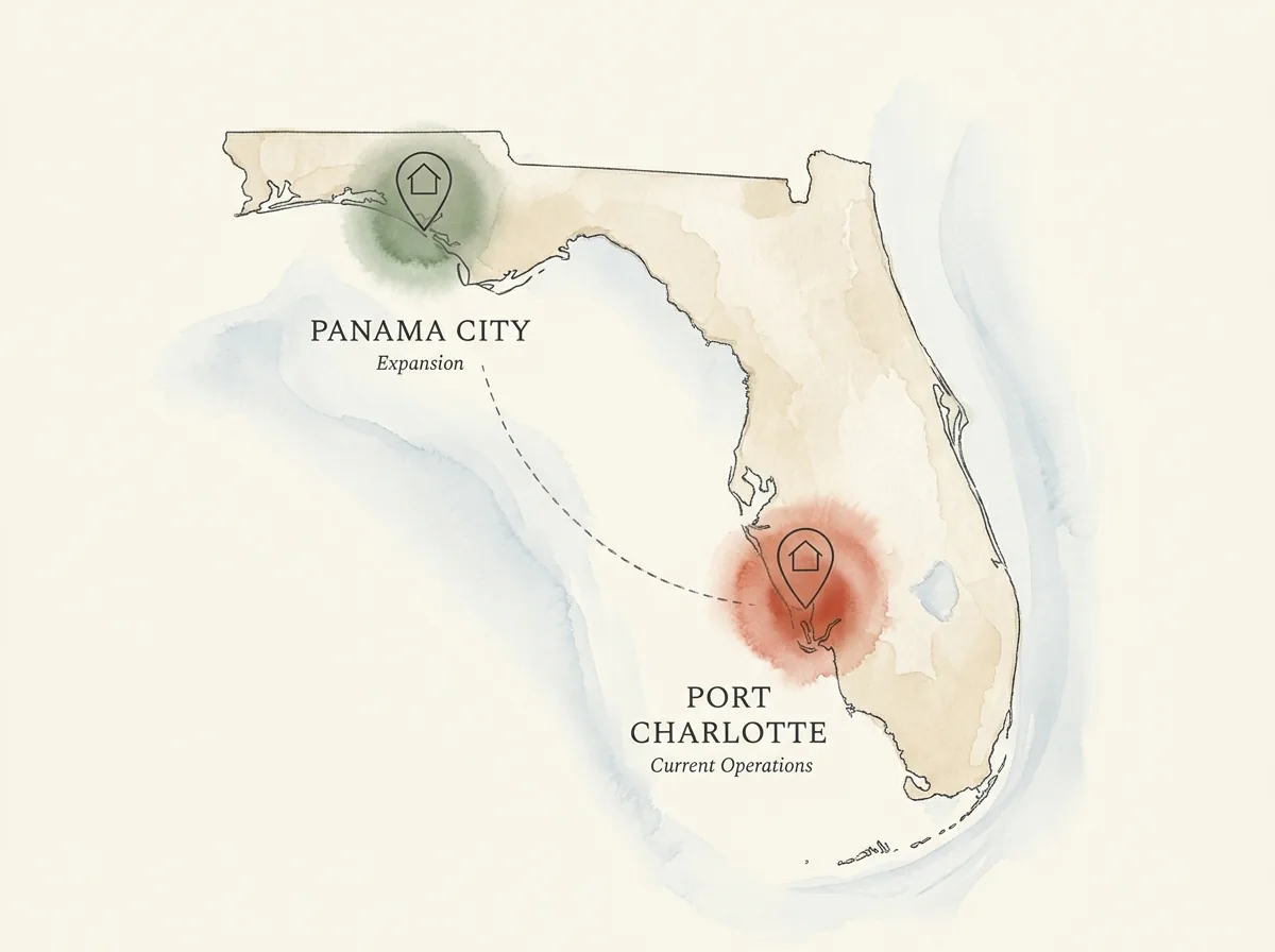 Map of Florida highlighting the Port Charlotte area (current operations) and the Panama City region (expansion)